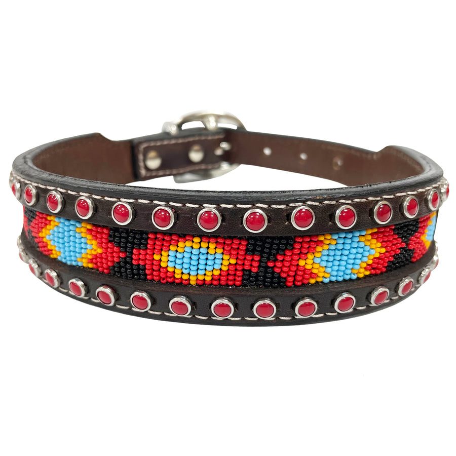 BAR H EQUINE Floral Beaded Hand Carved Western Leather Dog Collar Dark Brown - Uhorse