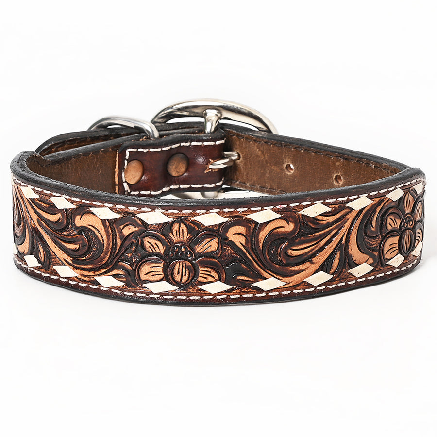 BAR H EQUINE Leaf Colton Hand Carved Western Leather Dog Collar Brown - Uhorse