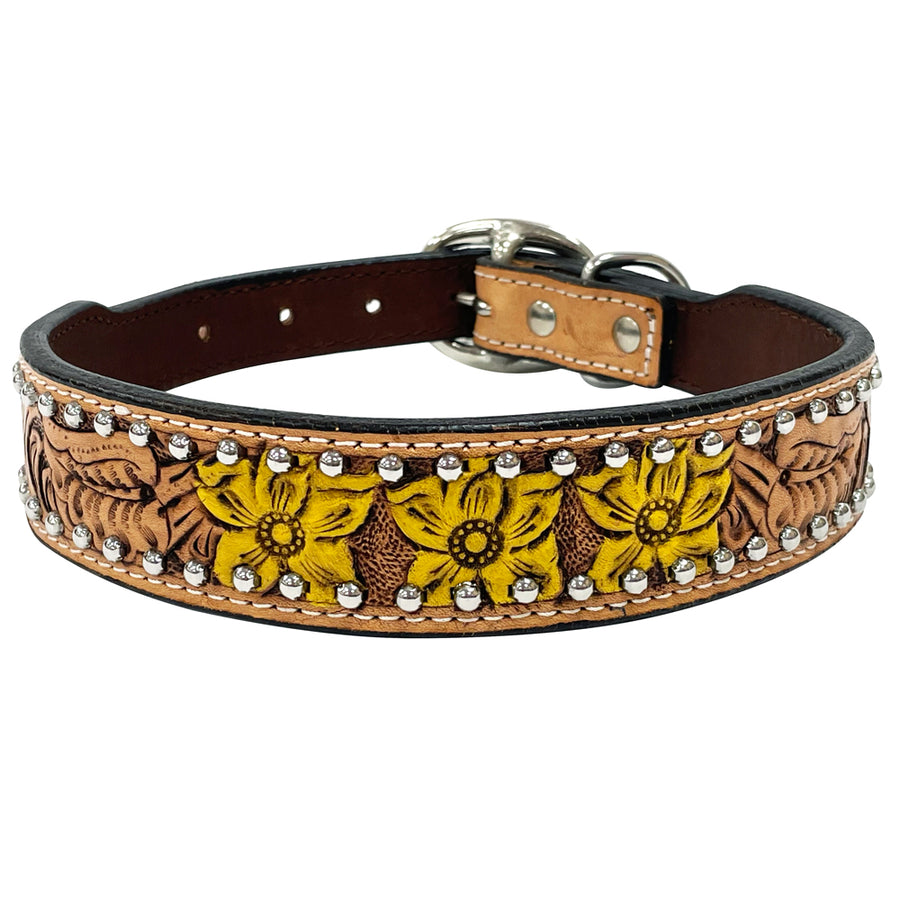 BAR H EQUINE Natural Daffodil Floral Hand Painted Western Leather Dog Collar Tan - Uhorse