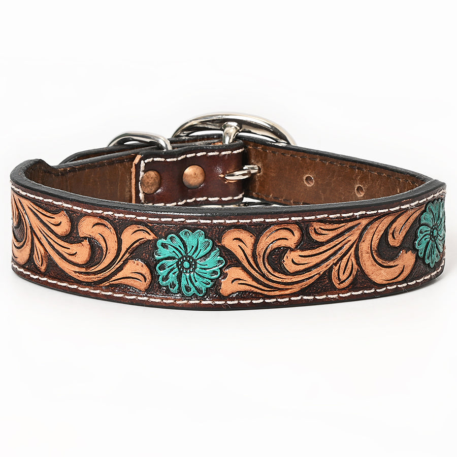 BAR H EQUINE Ella Young Turquoise Flower Hand Painted Western Leather Dog Collar - Uhorse