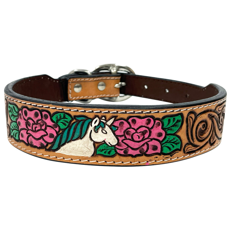 BAR H EQUINE Floral Belle Unicorn Hand Painted Western Leather Dog Collar Tan - Uhorse