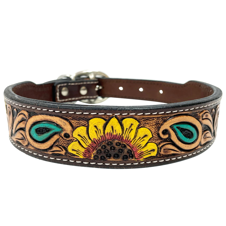 BAR H EQUINE Bonnie Blossom Sunflower Hand Painted Western Leather Dog Collar - Uhorse