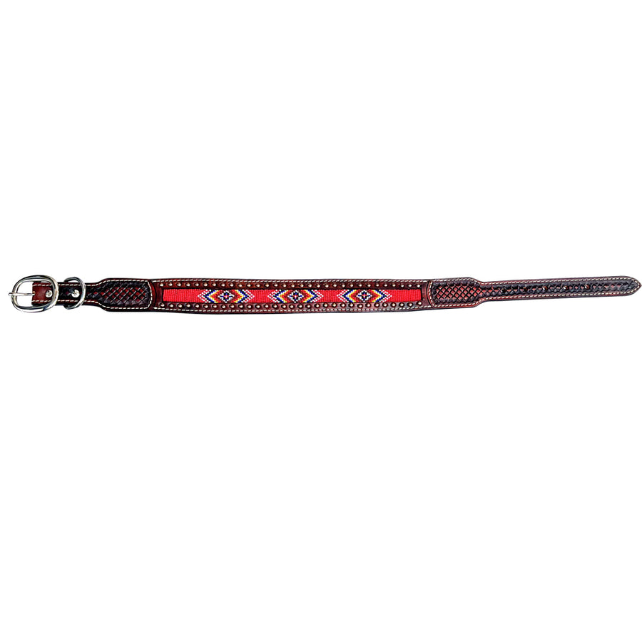 BAR H EQUINE Beaded Diamond Designs Hand Tooled Western Leather Dog Collar Antique Brown - Uhorse