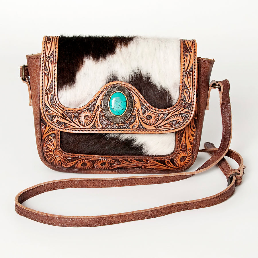 American Darling Western Cross body Bag for Women, Hand Tooled Leather, Hair-On Cowhide, Floral Carved with Turquoise Concho