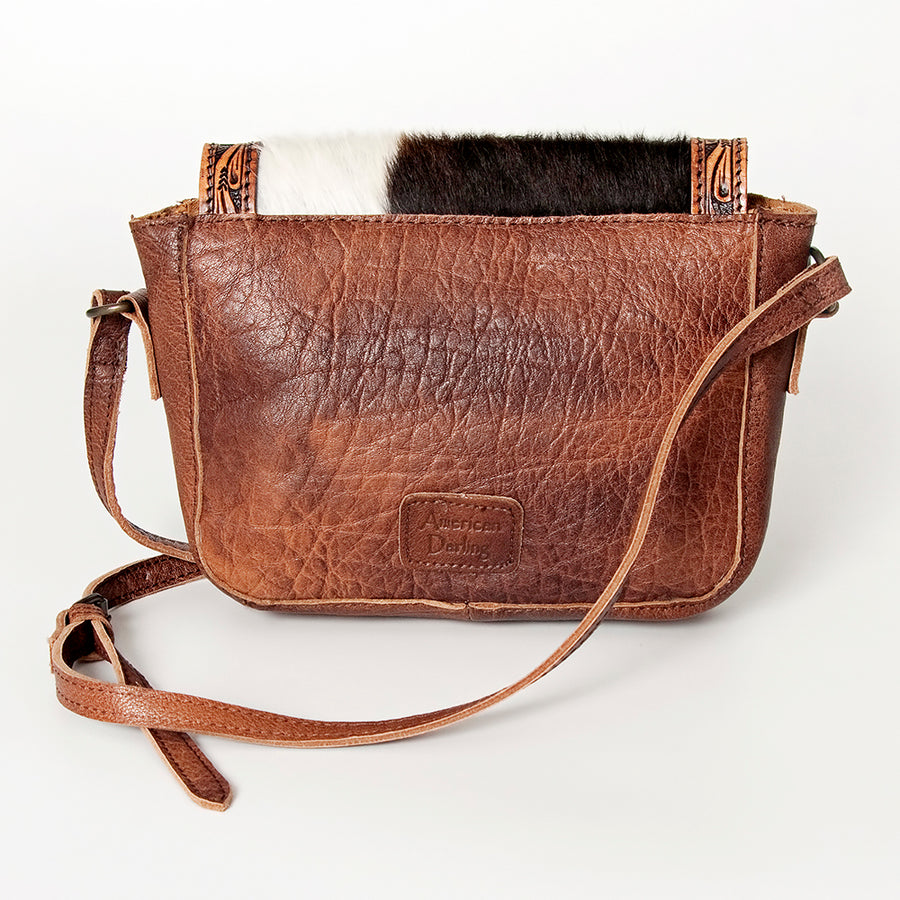 American Darling Western Cross body Bag for Women, Hand Tooled Leather, Hair-On Cowhide, Floral Carved with Turquoise Concho