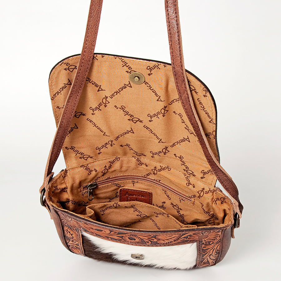 American Darling Western Cross body Bag for Women, Hand Tooled Leather, Hair-On Cowhide, Floral Carved with Turquoise Concho