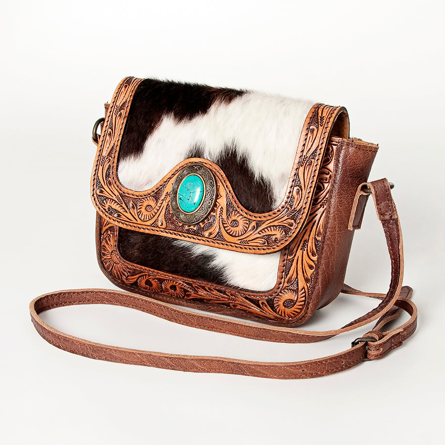 American Darling Hand Tooled Leather Cross body Bag with Hair-On Cowhide and Turquoise Concho - Uhorse