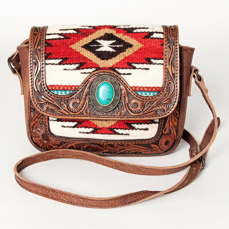 American Darling Western Cross body Bag for Women, Hand Tooled Leather, Hair-On Cowhide, Floral Carved with Turquoise Concho