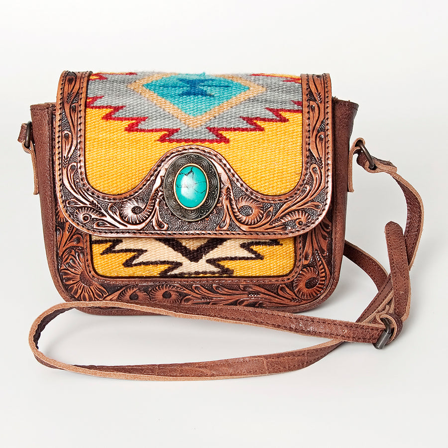 American Darling Western Cross body Bag for Women, Hand Tooled Leather, Hair-On Cowhide, Floral Carved with Turquoise Concho