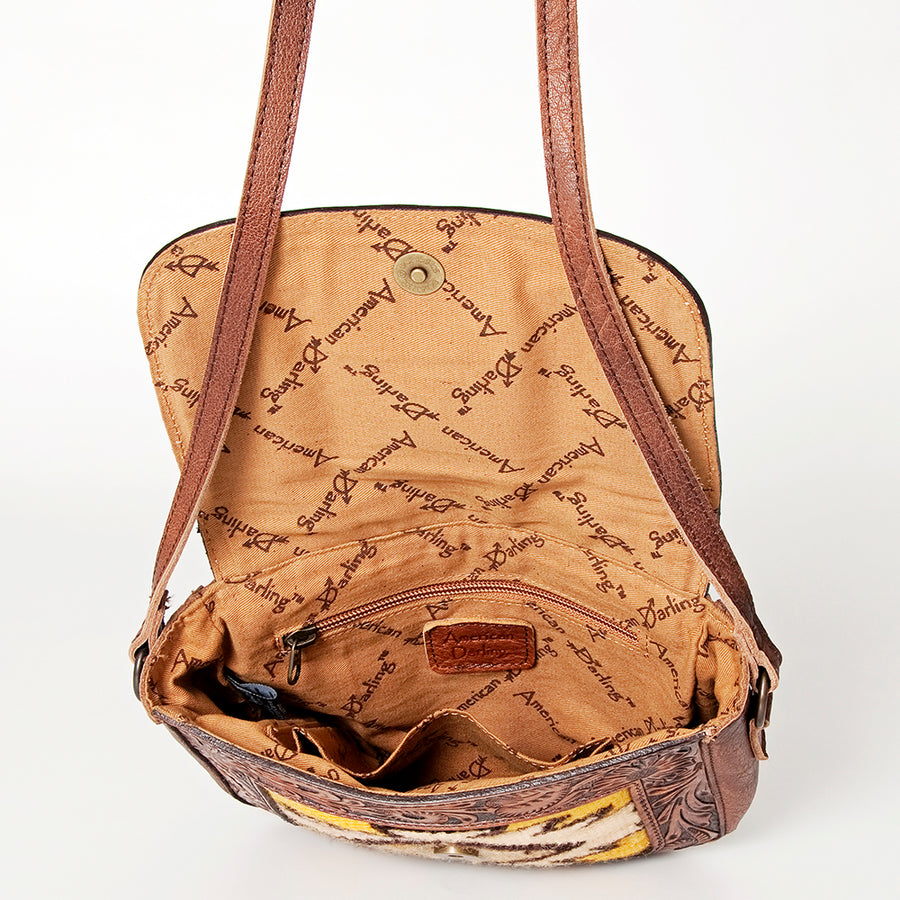 American Darling Western Cross body Bag for Women, Hand Tooled Leather, Hair-On Cowhide, Floral Carved with Turquoise Concho