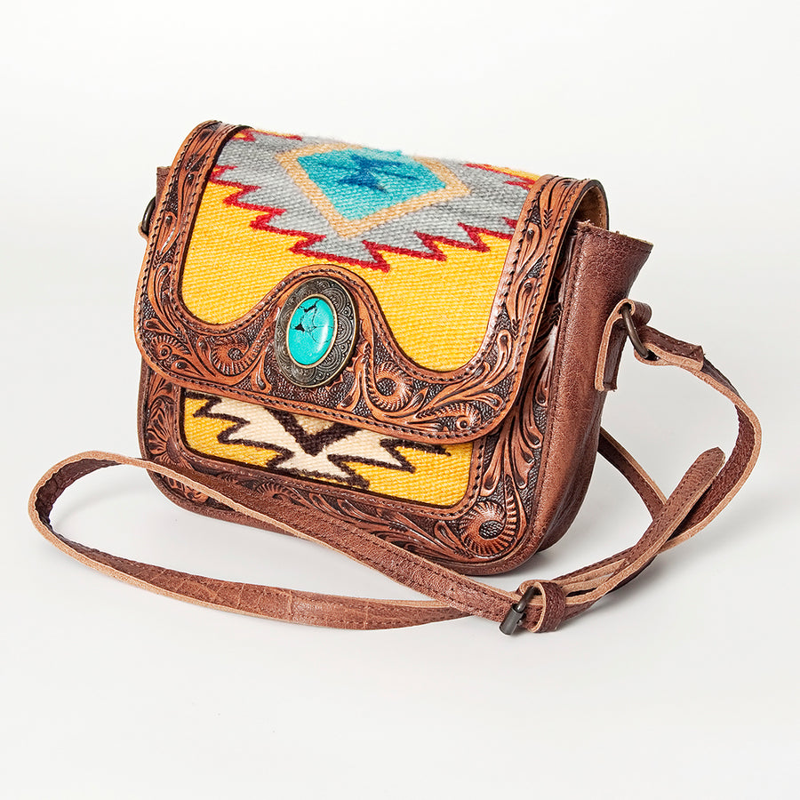American Darling Western Leather Cross body Bag Hand Tooled Floral with Woven Saddle Blanket - Uhorse