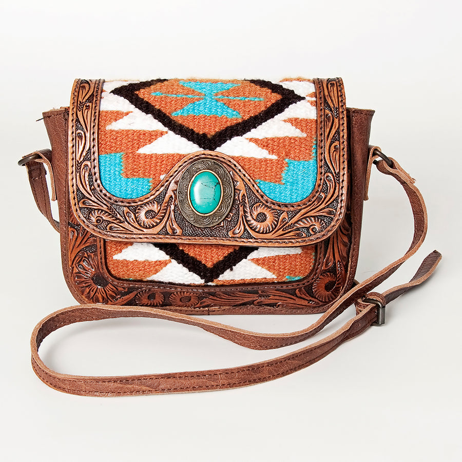American Darling Western Cross body Bag for Women, Hand Tooled Leather, Hair-On Cowhide, Floral Carved with Turquoise Concho
