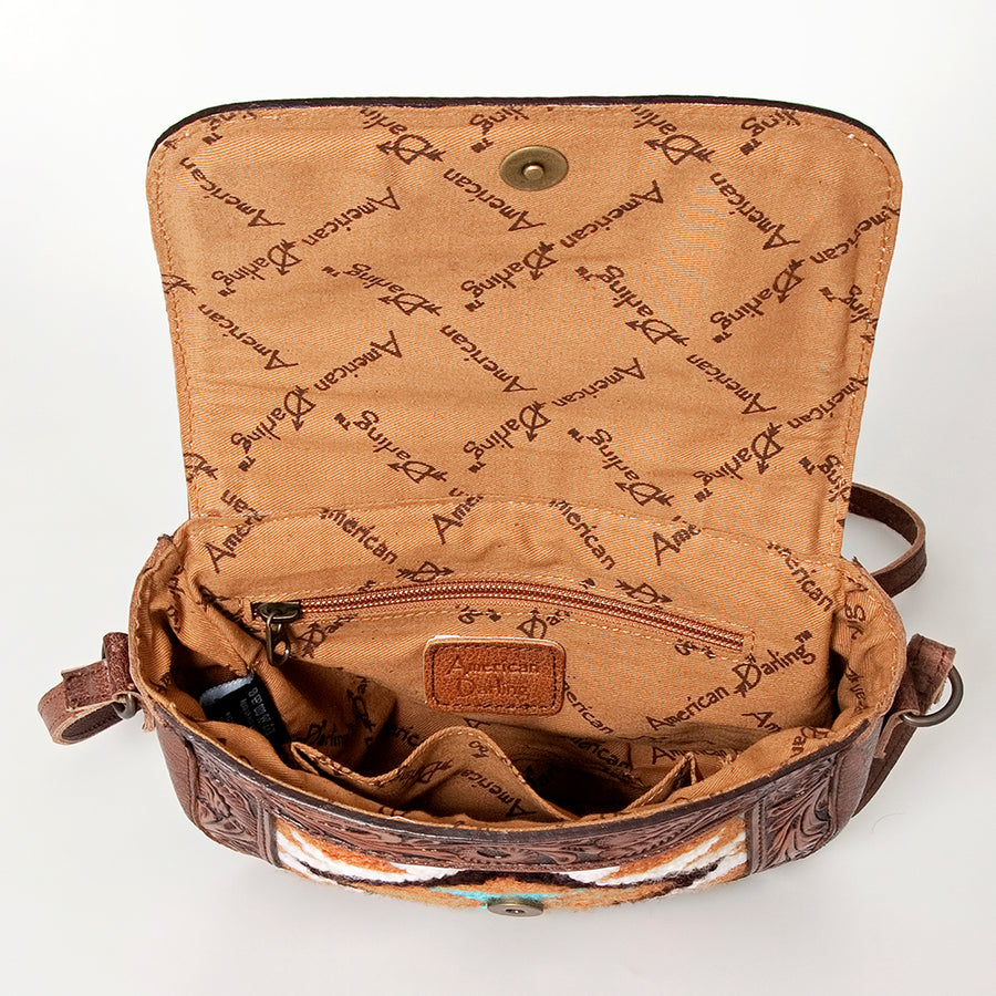 American Darling Western Cross body Bag for Women, Hand Tooled Leather, Hair-On Cowhide, Floral Carved with Turquoise Concho