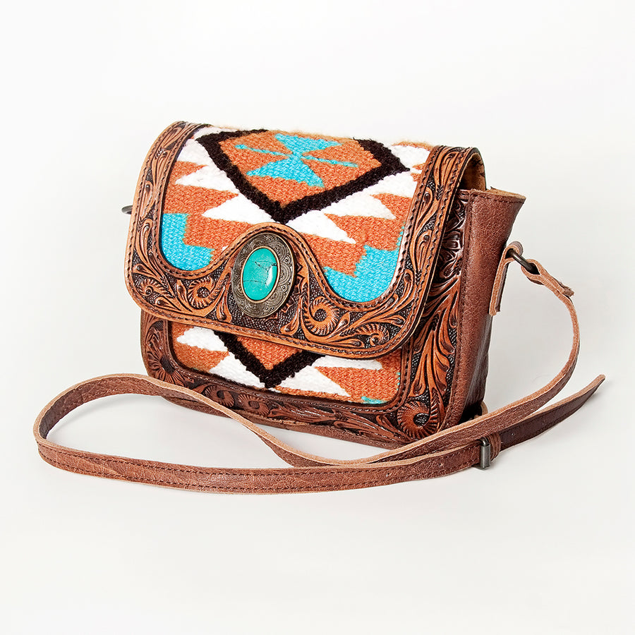 American Darling Western Leather Cross body Bag Hand Tooled Floral with Woven Saddle Blanket - Uhorse