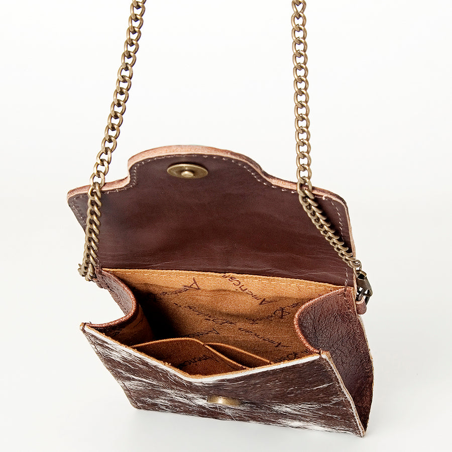 American Darling Small Cross body Bag Western Leather Hair-On Cowhide Hand Tooled Floral Turquoise Concho 5.5x5
