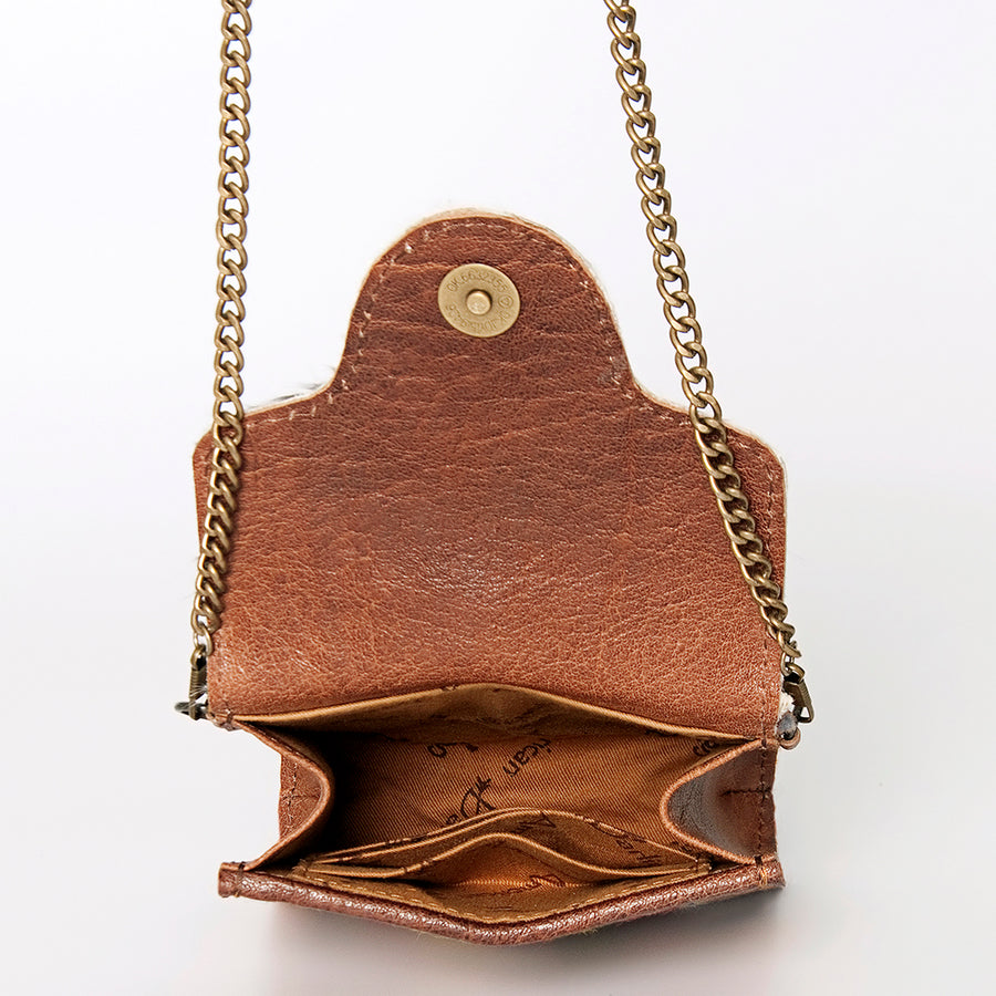 American Darling Small Cross body Bag Western Leather Hair-On Cowhide Hand Tooled Floral Turquoise Concho 5.5x5
