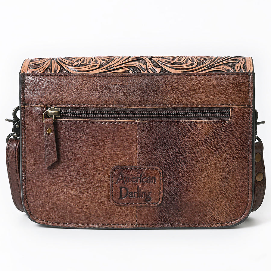 American Darling Cross body Bag Western Leather Hair-On Cowhide Hand Tooled Floral Turquoise Concho 8in x 10in