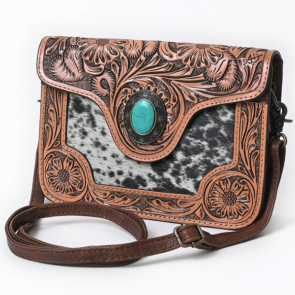 American Darling Western Cross body Bag Hair-On Cowhide with Hand Tooled Floral Carving - Uhorse