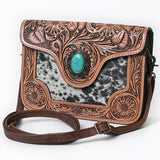 American Darling Western Cross body Bag Hair-On Cowhide with Hand Tooled Floral Carving - Hilason