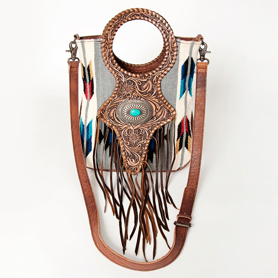 American Darling Clutch Bag Western Leather Hand Tooled Floral Carved Hair-On Cowhide Turquoise Concho & Fringes 14x12