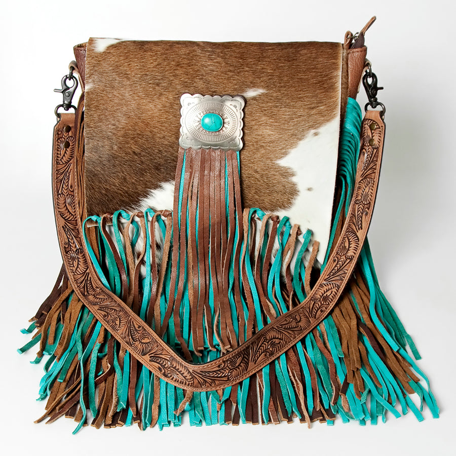 American Darling Messenger Bag Western Leather Hair-On Cowhide with Turquoise Concho Fringes Hand Tooled Strap 12x15