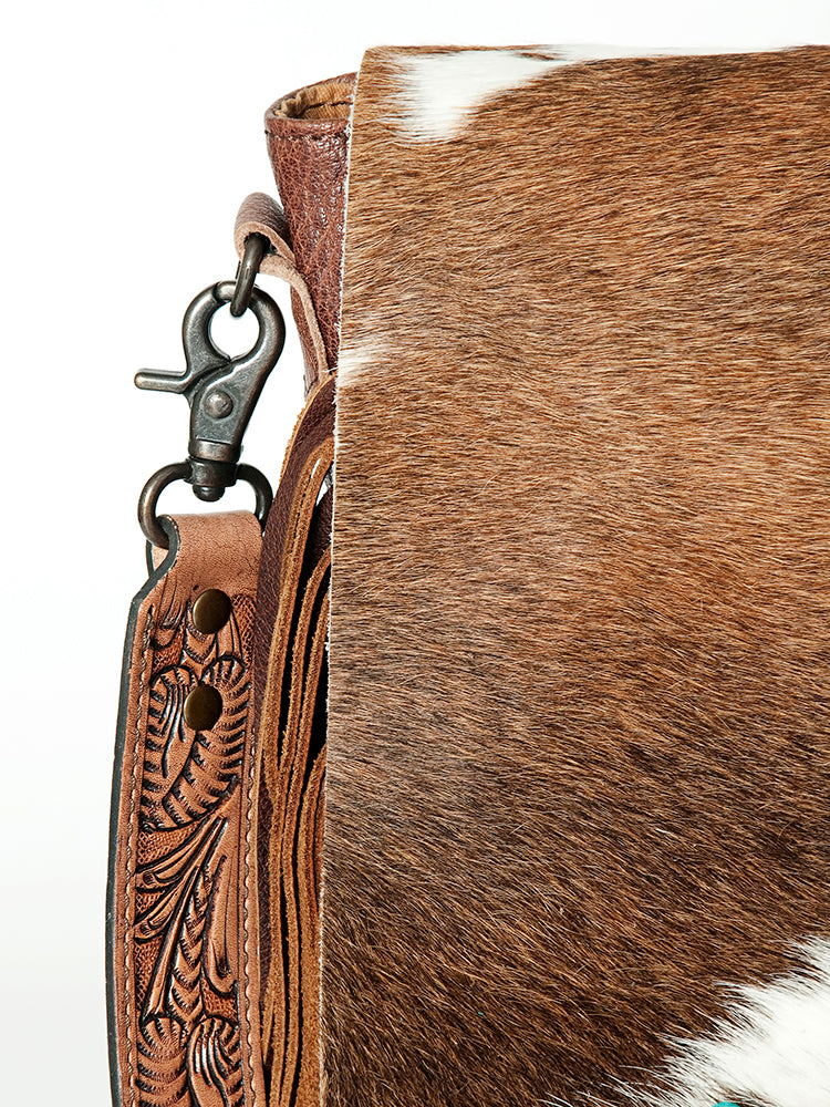American Darling Messenger Bag Western Leather Hair-On Cowhide with Turquoise Concho Fringes Hand Tooled Strap 12x15