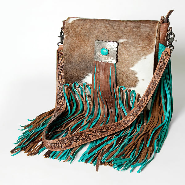 American Darling Western Messenger Bag Hair-On Cowhide with Turquoise Concho and Fringes - Uhorse