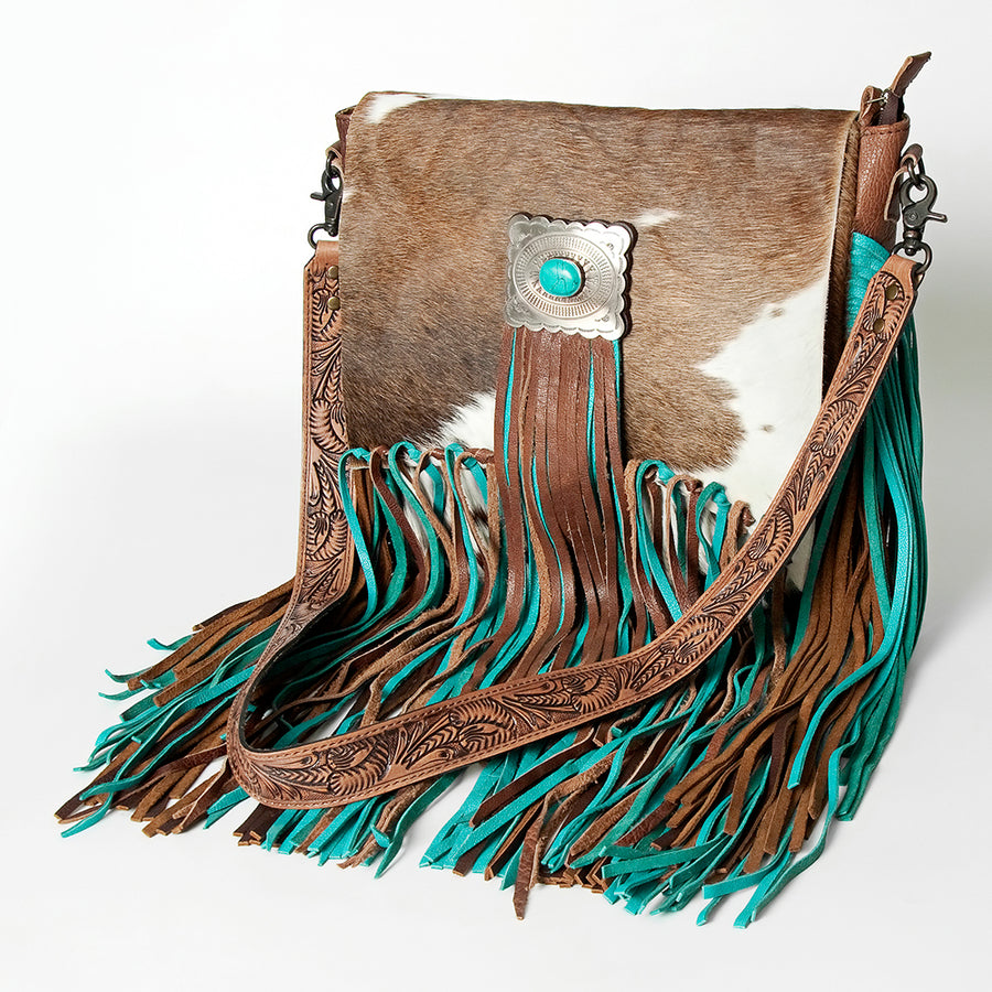 American Darling Western Messenger Bag Hair-On Cowhide with Turquoise Concho and Fringes - Uhorse