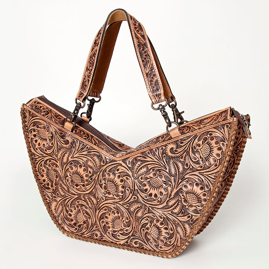 American Darling Western Tote Bag Hand Tooled Floral Carved Vegetable-Tanned Leather - Uhorse