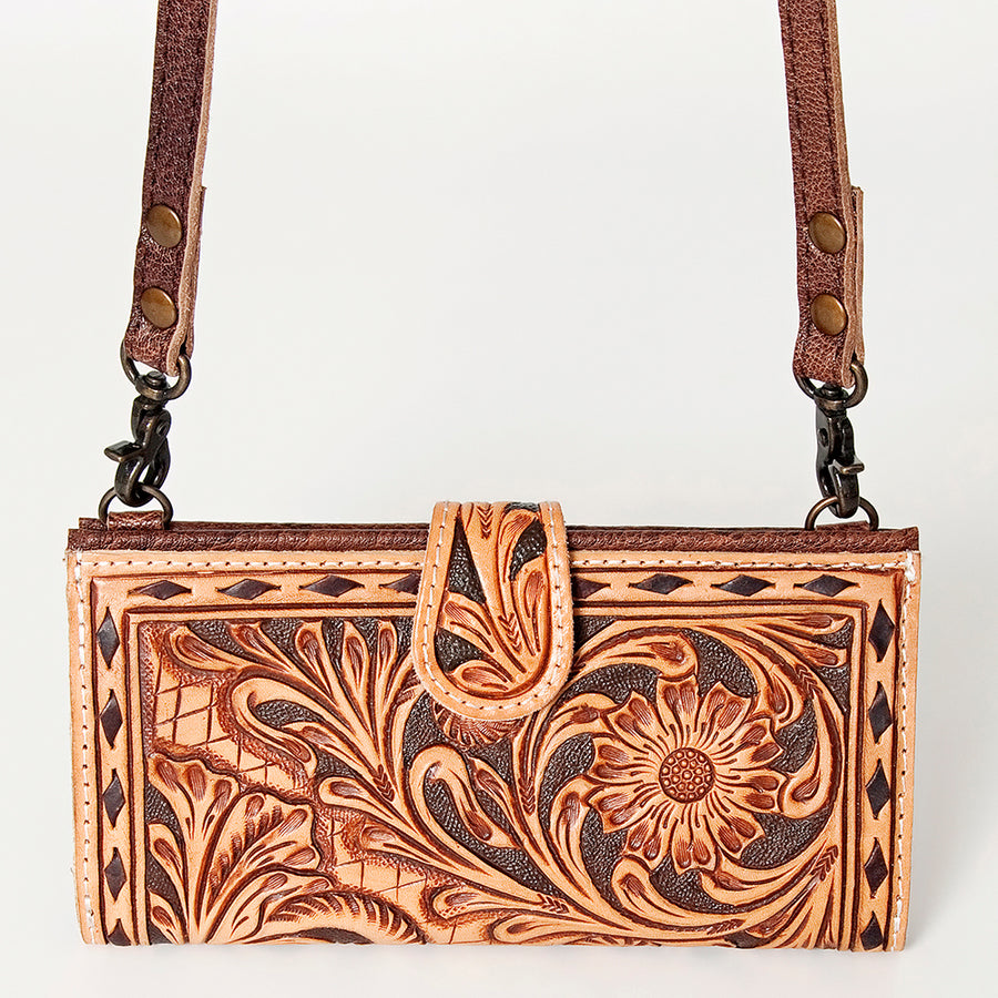 American Darling Small Cross body Bag Western Leather Hand Tooled Floral Carved Buck Stitched Genuine Leather 4.5x8