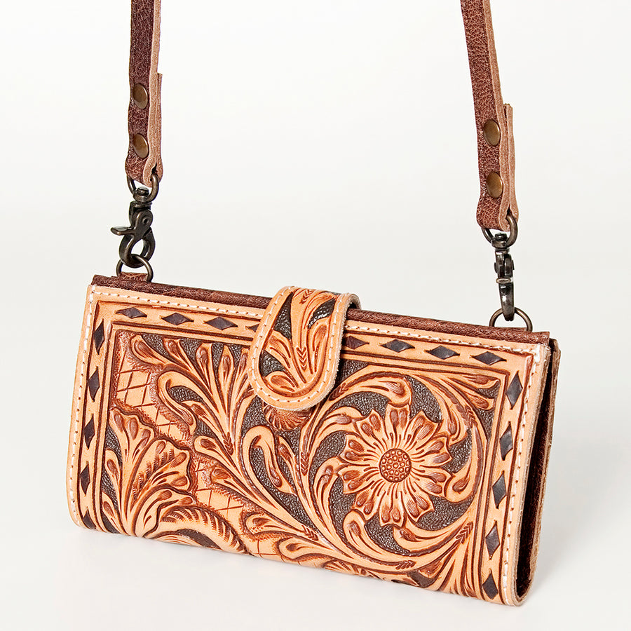 American Darling Western Small Cross body Bag Hand Tooled Floral with Buck Stitched Detail - Uhorse