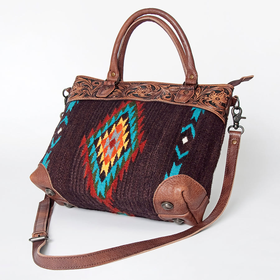 American Darling Tote Bag Western Leather Hand Tooled Floral Carved Hand Woven Saddle Blanket Genuine Leather 12x16