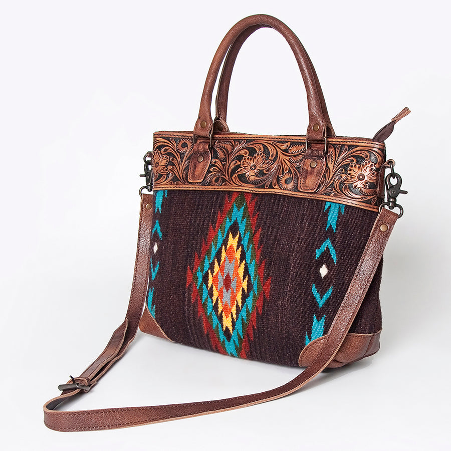 American Darling Western Tote Bag Hand Tooled Floral Carved with Hand Woven Saddle Blanket - Uhorse