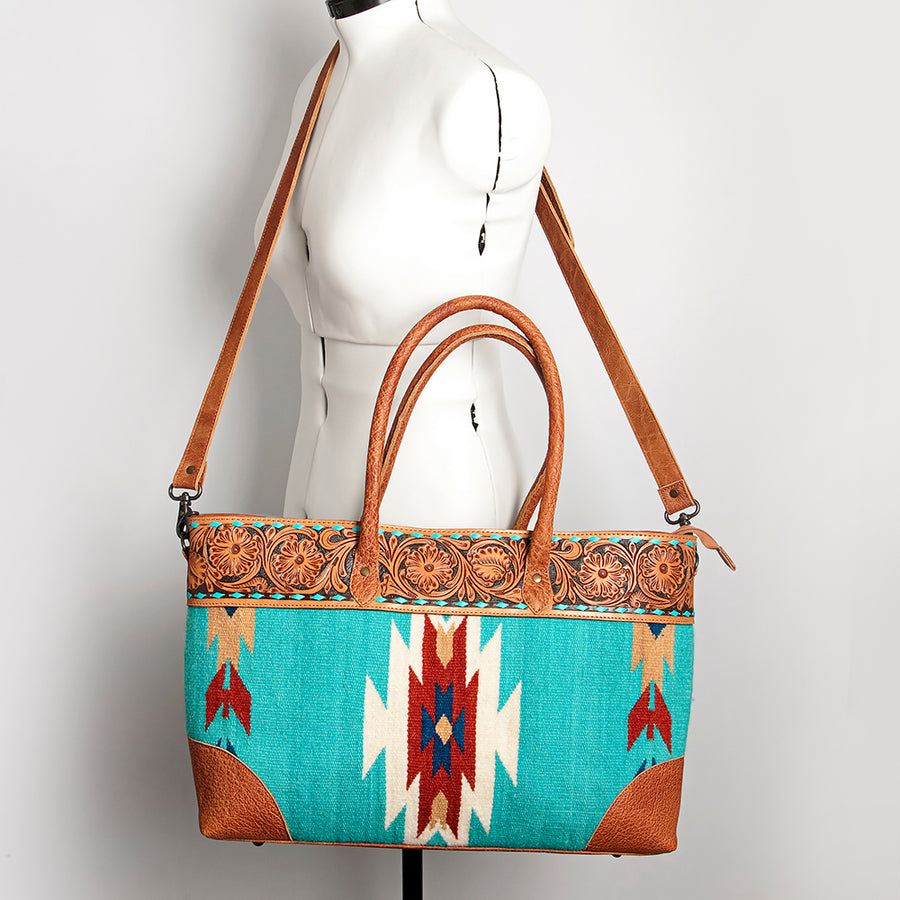 American Darling Tote Bag Western Leather Hand Tooled Floral Carved Hand Woven Saddle Blanket Genuine Leather 12x16