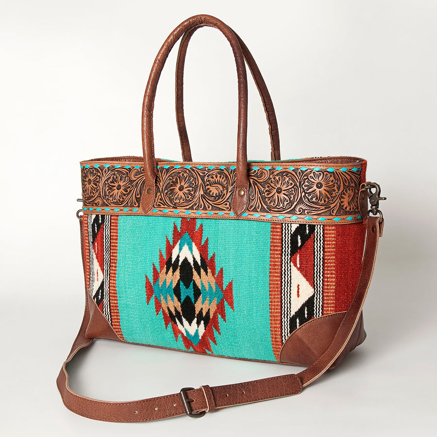 American Darling Western Tote Bag Hand Tooled Floral Carved with Hand Woven Saddle Blanket - Uhorse
