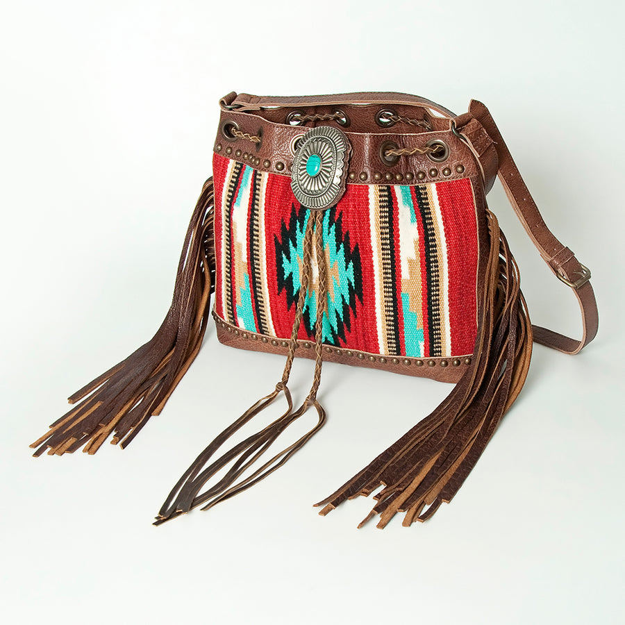 American Darling Western Bucket Bag with Hand Woven Saddle Blanket and Turquoise Concho - Uhorse