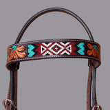 BAR H EQUINE Western Horse Floral Beaded Work Headstall Genuine Leather Dark Brown