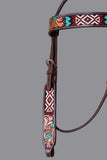 BAR H EQUINE Western Horse Floral Beaded Work Headstall Genuine Leather Dark Brown