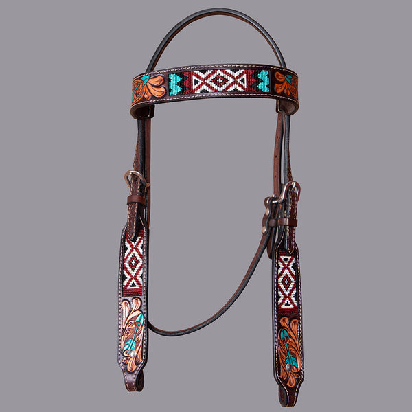 BAR H EQUINE Western Horse Floral Beaded Work Headstall Genuine Leather Dark Brown - Uhorse