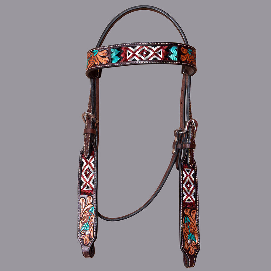 BAR H EQUINE Western Horse Floral Beaded Work Headstall Genuine Leather Dark Brown - Uhorse