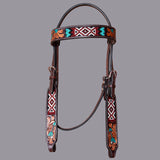 BAR H EQUINE Western Horse Floral Beaded Work Headstall Genuine Leather Dark Brown