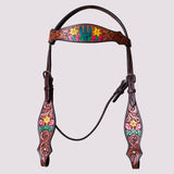 BAR H EQUINE Western Horse Floral Hand Painted Genuine Leather Headstall Brown