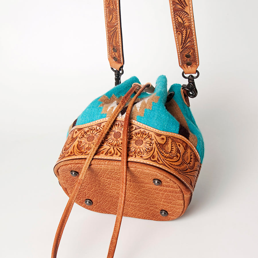 American Darling Bucket Bag Hand Tooled Floral Carved Hand Woven Saddle Blanket Leather Purse with YKK Zipper