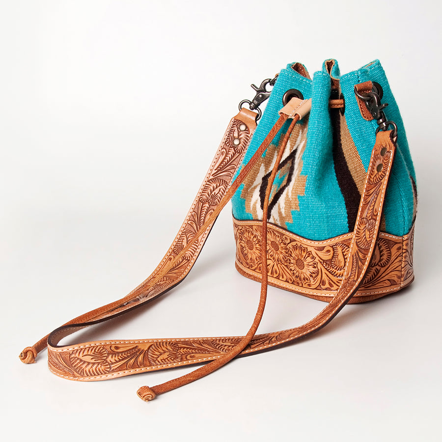 American Darling Hand Tooled Floral Leather and Woven Saddle Blanket Western Bucket Bag - Uhorse