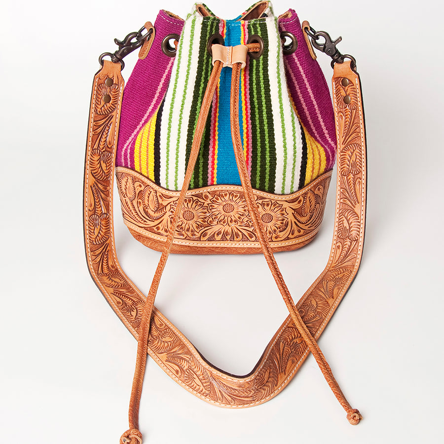 American Darling Bucket Bag Hand Tooled Floral Carved Hand Woven Saddle Blanket Leather Purse with YKK Zipper