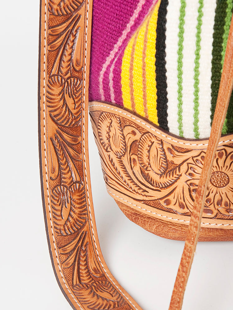 American Darling Bucket Bag Hand Tooled Floral Carved Hand Woven Saddle Blanket Leather Purse with YKK Zipper