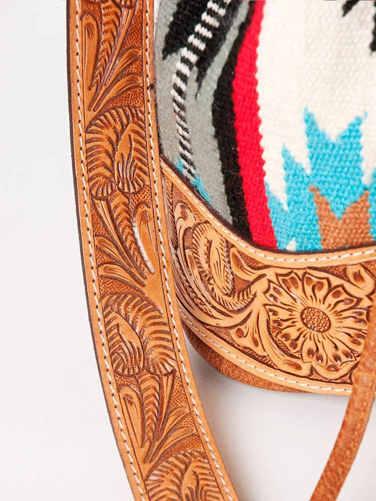 American Darling Bucket Bag Hand Tooled Floral Carved Hand Woven Saddle Blanket Leather Purse with YKK Zipper