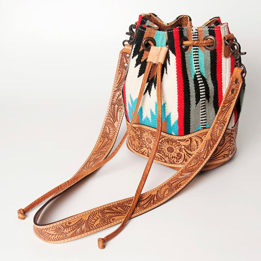 American Darling Hand Tooled Floral Leather and Woven Saddle Blanket Western Bucket Bag - Uhorse