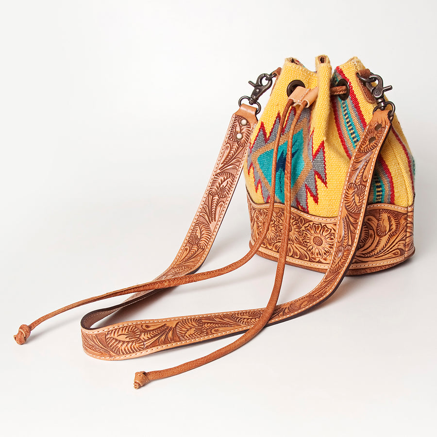 American Darling Bucket Bag Hand Tooled Floral Carved Hand Woven Saddle Blanket Leather Purse with YKK Zipper