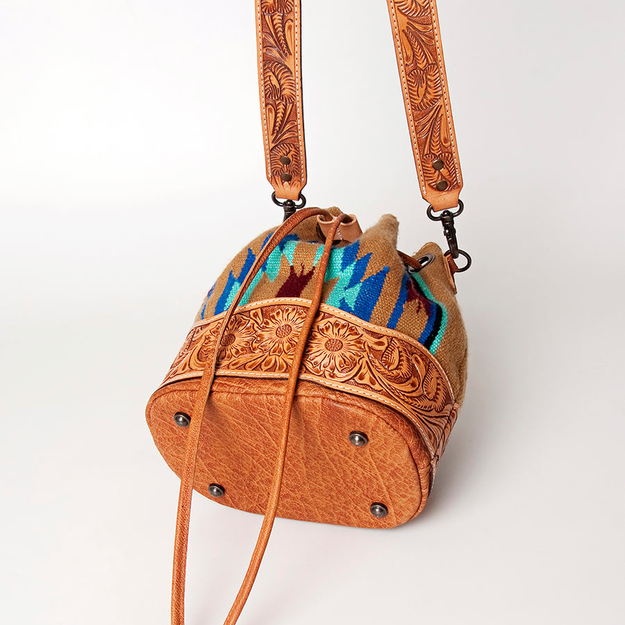 American Darling Bucket Bag Hand Tooled Floral Carved Hand Woven Saddle Blanket Leather Purse with YKK Zipper